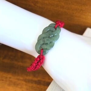 Carved Green Jade Red Cord Adjustable Size Bracelet
